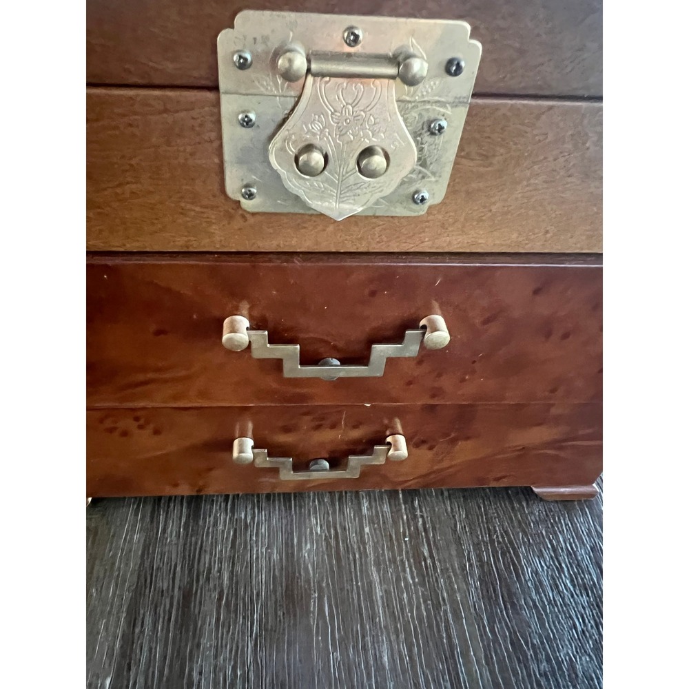 Vintage Burl Wood Jewelry Box Chest Brass Hardware 2 Drawers Necklace Hooks 10in
